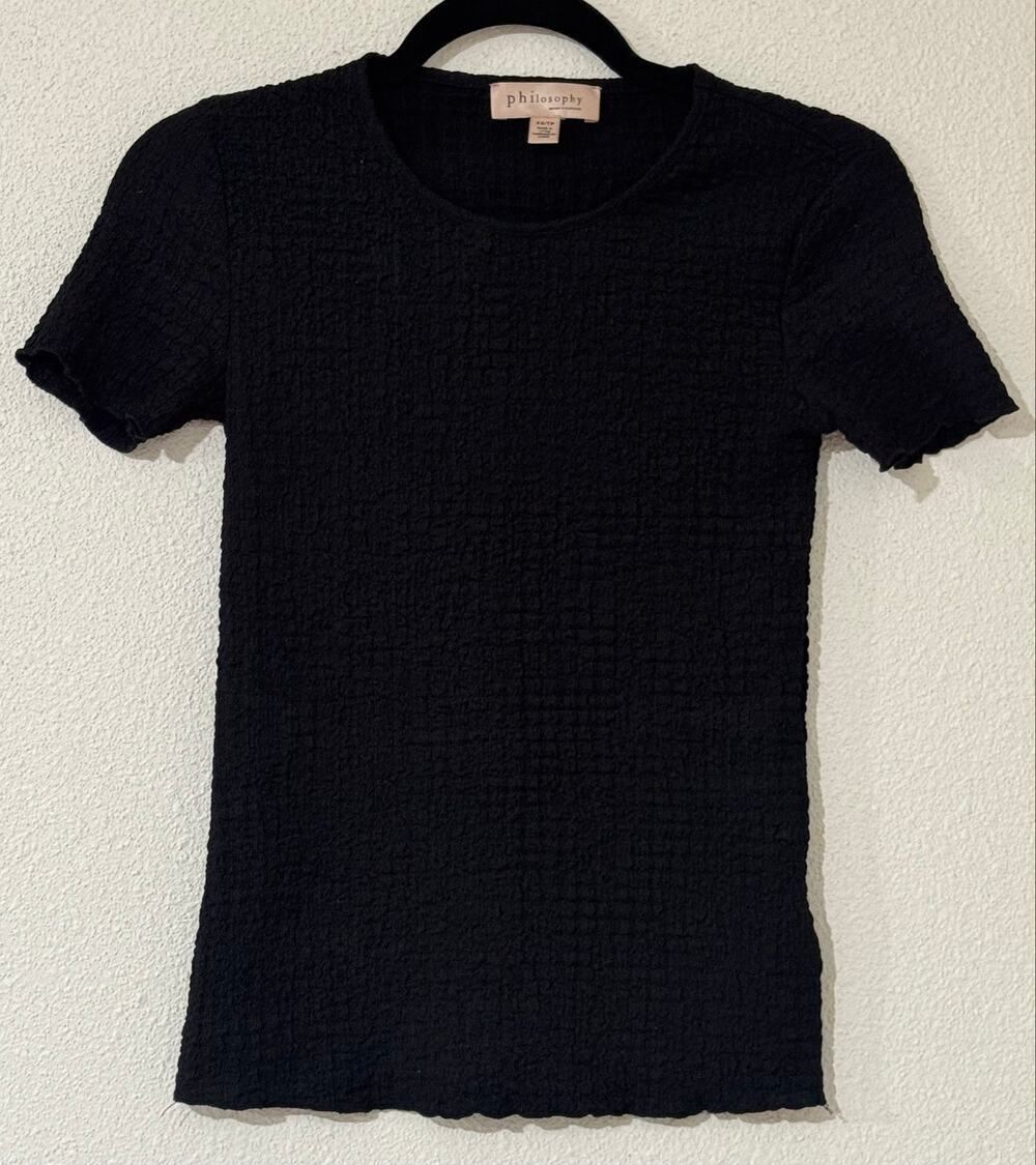 Philosophy Black Crinkle Textured Baby Tee - Size XS Goth Y2K Quiet Luxury Chic
